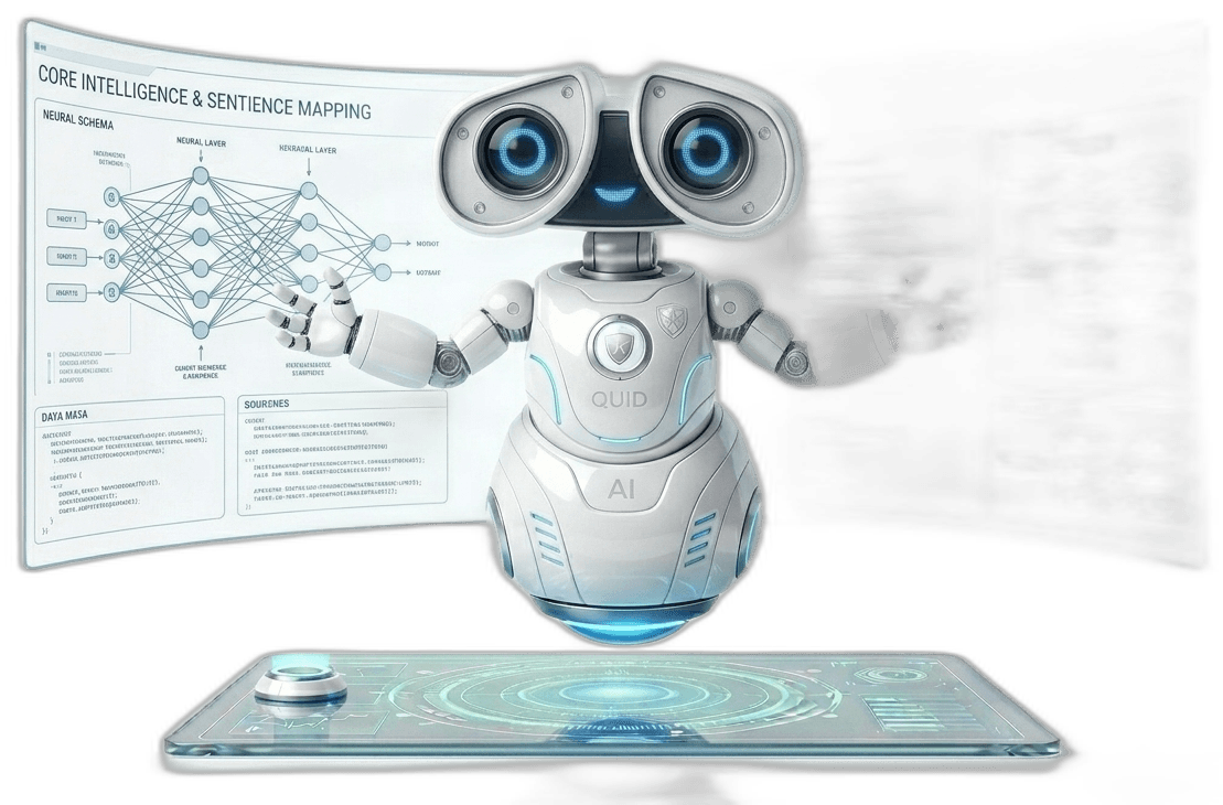Quid, a custom AI sales agent, mapping a B2B product catalog across holographic screens